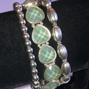 Lot of 3 Silver Tone Light Blue Opaque Rhinestone Boho Beaded Stretchy Bracelets